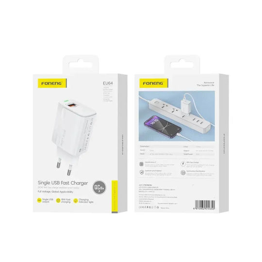 Foneng Φορτιστής Χωρίς Καλώδιο με Θύρα USB-A 18W Quick Charge 2.0 Λευκός (EU64)