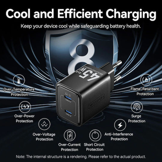 Vention Φορτιστής Χωρίς Καλώδιο GaN με 2 Θύρες USB-C 45W Power Delivery Μαύρος (FEFB0-EU)