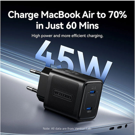 Vention Φορτιστής Χωρίς Καλώδιο GaN με 2 Θύρες USB-C 45W Power Delivery Λευκός (FEFW0-EU)