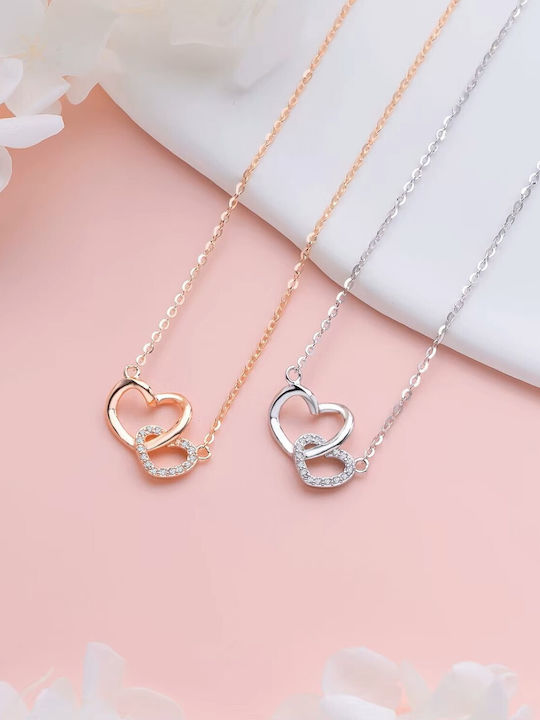 By Queen Women's Necklace Double Heart S925 Zircon Rose Gold