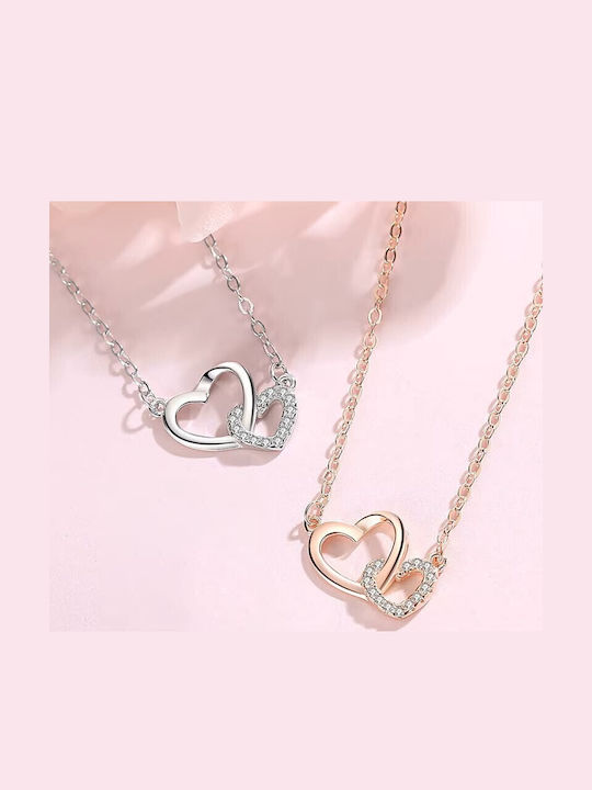 By Queen Women's Necklace Double Heart S925 Zircon Rose Gold