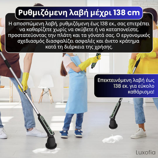 Perie Electrică Rotativă pentru Curățare Bucătărie Baie Podele Ferestre Mașină 7 Capete 120 Minute Durată Baterie 330 Rpm 2 Viteze Mâner Extensibil 138 Cm Reîncărcabilă Usb Aluminiu Negru