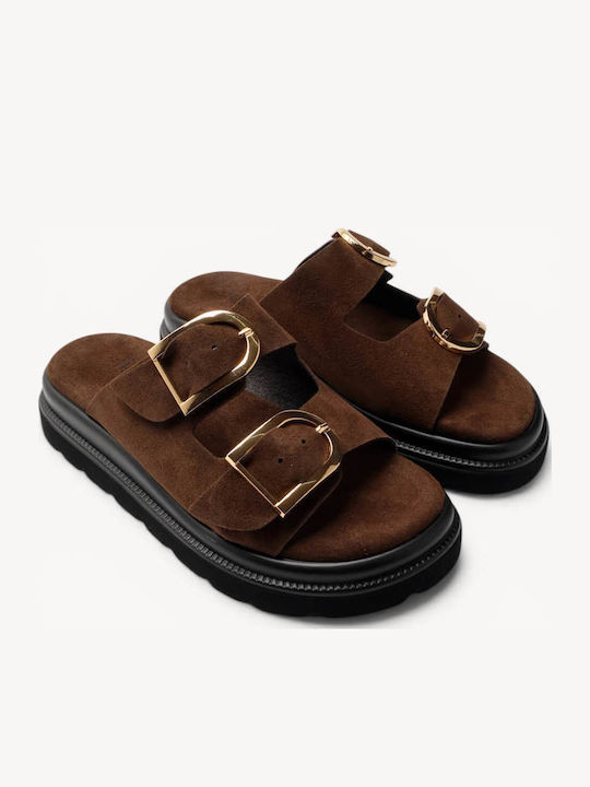 Sandale Casual Damă Maro De Piele Flatforme Slides Cu Două Curele