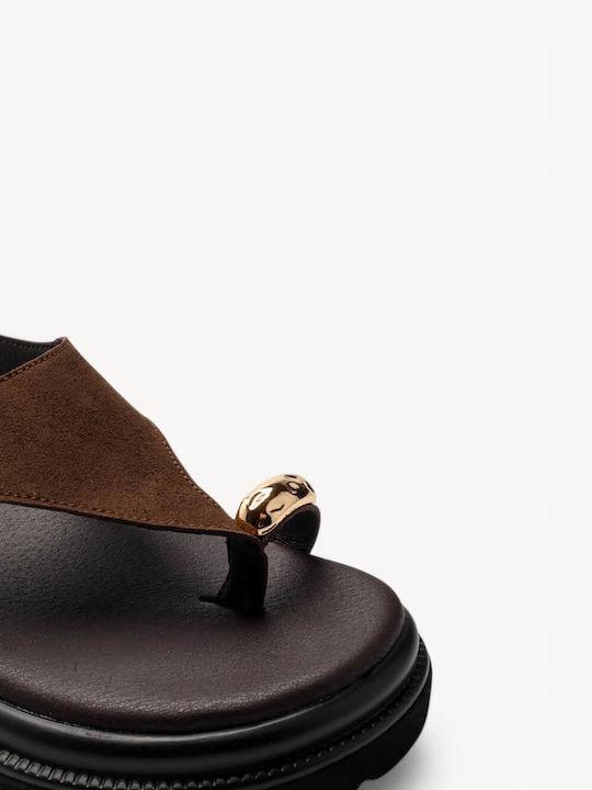 Καφέ Δερμάτινα Flatforms Χρυσό Detail Στο Δάχτυλο