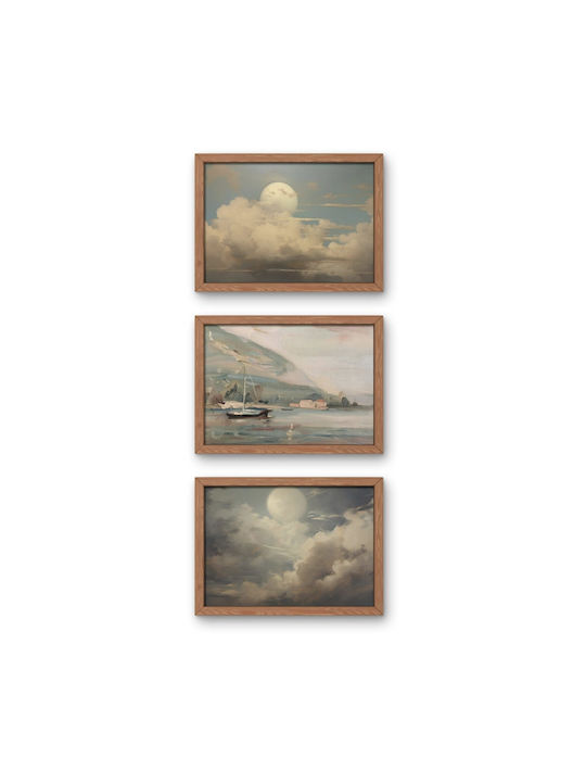 Set Minimalist Posters Frames Unframed Printed On Photographic Paper Nature Motifs Moon Between Clouds Boat On Lake Living Room Bedroom Kitchen 3 X 21 X 30 Cm
