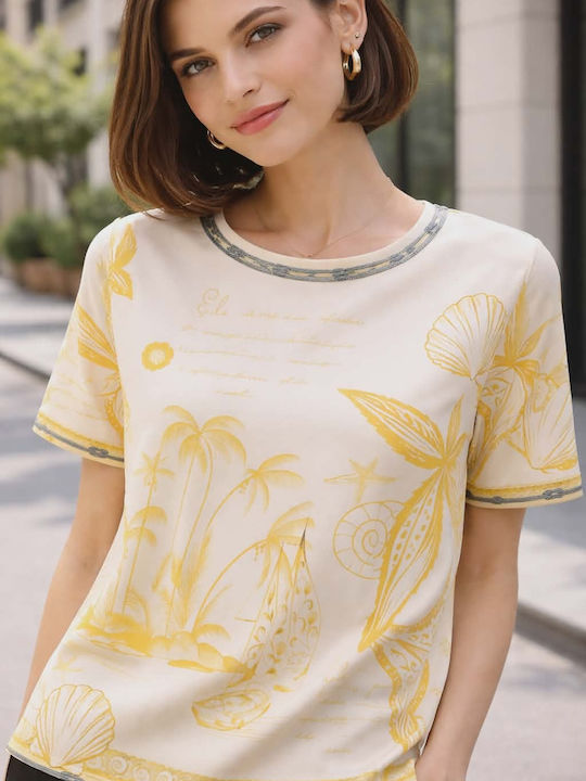Women's Summer Linen Blouse with V-Neckline Gold
