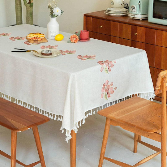 FRIPIA Linen Tablecloth With Pink Embroidery 140x220cm FRIPIA Linen Tablecloth With Pink Embroidery 140x220cm