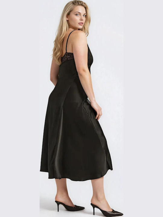 Summer Midi Evening Satin Dress with Lace Black