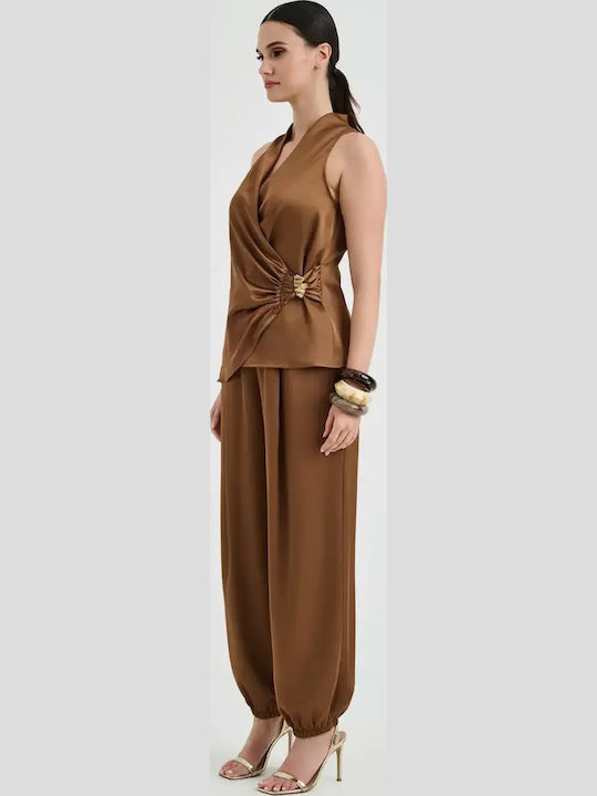 Women's Satin Trousers with Rubber Band Brown