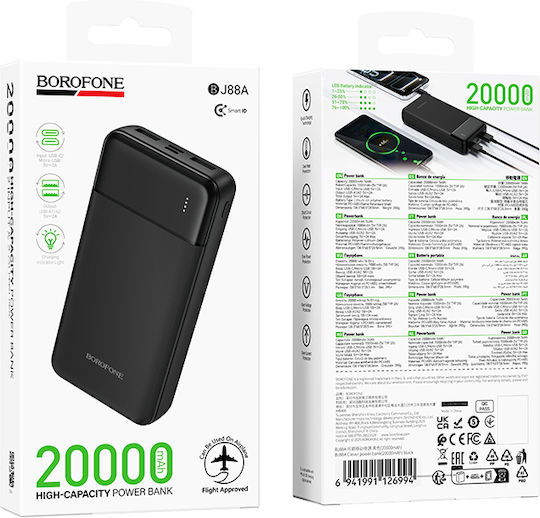 Borofone BJ88A Power Bank 20000mAh με 2 Θύρες USB-A και Θύρα USB-C Μαύρο