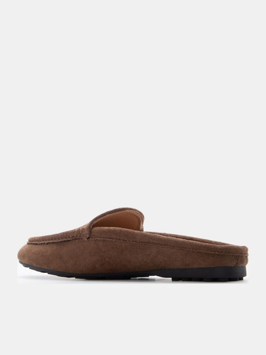 Flat Wildleder Damen Pantoletten in Braune Farbe