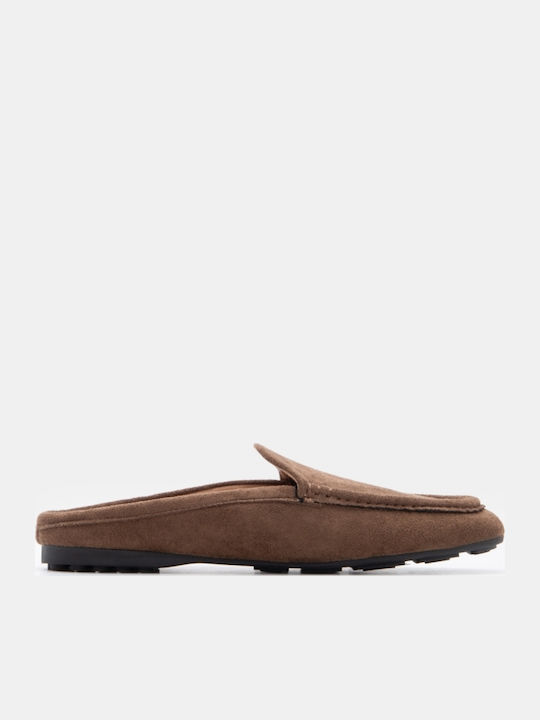 Flat Wildleder Damen Pantoletten in Braune Farbe