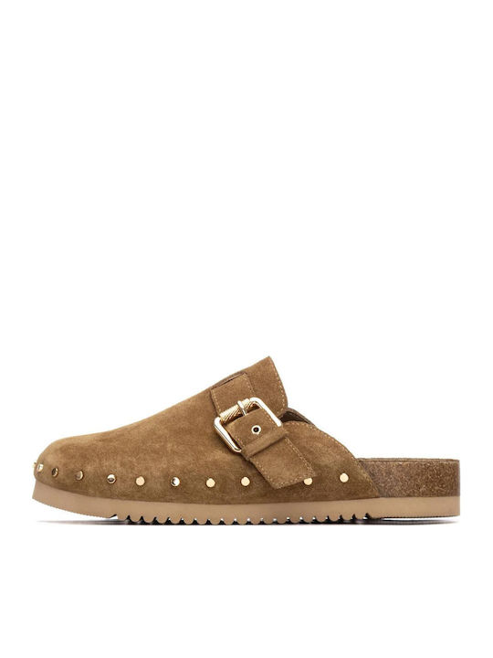 Suede Mules με Τακούνι σε Ταμπά Χρώμα