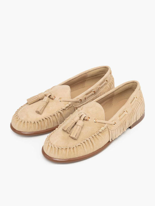 Leather Women's Loafers In Beige Colour