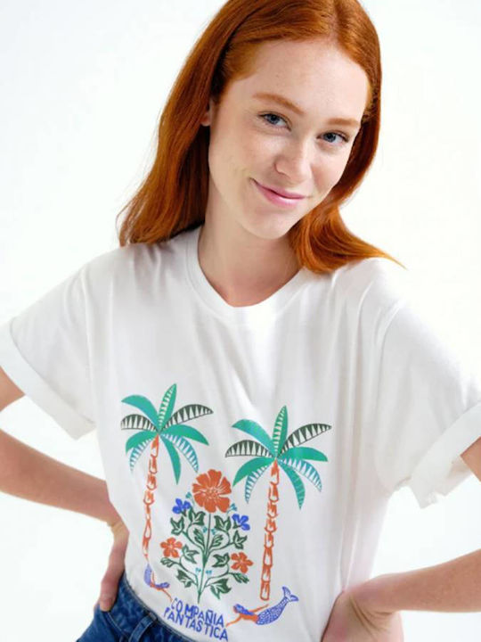 Women's Cotton Short Sleeve Floral Blouse White