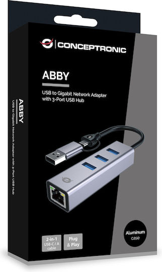 Conceptronic Hub 3 Porturi cu Conectare USB-A Gri