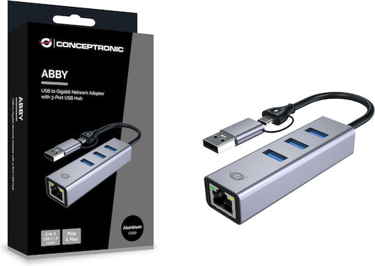 Conceptronic Hub 3 Porturi cu Conectare USB-A Gri