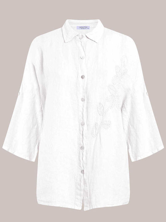 Celestino Women's Shirt Linen Embroidered Detail Loose Fit White