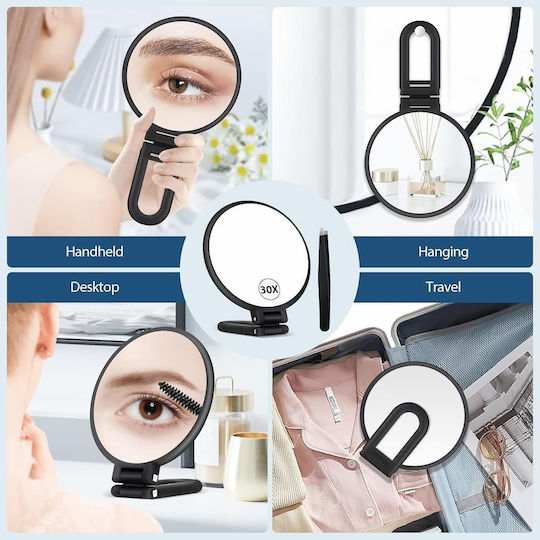 Magnifying Makeup Mirror Double-Sided Handle Tweezers 1x/30x Black
