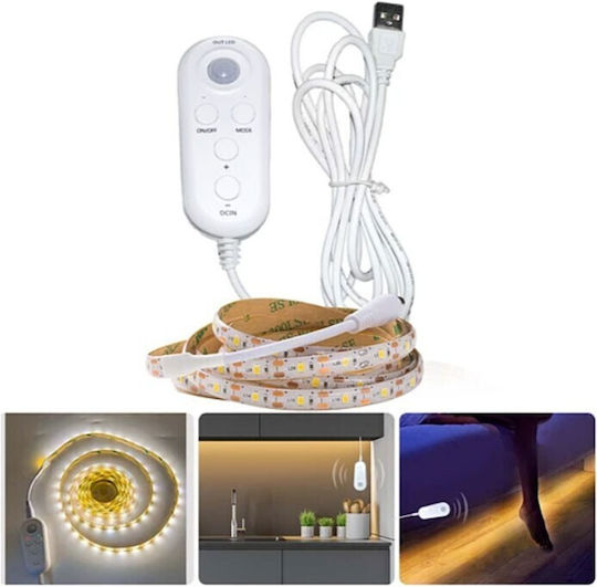 Bandă LED USB 5V Lumină Alb Cald 3m cu Senzor de Mișcare Sursă de Alimentare și Telecomandă