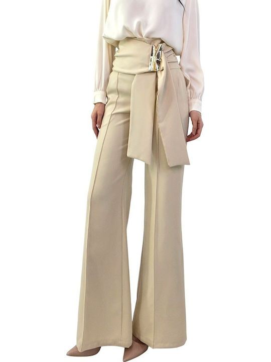 Pantaloni Dama Palazzo High Rise Fit Cu Dungi Bej