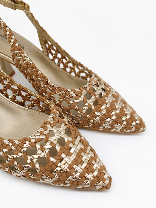 Pointed Toe Heels with Strap & Thin Mid Heel Gold