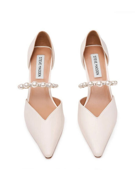 Leder Pumps mit Riemen & Mittelhoher Absatz in Creme