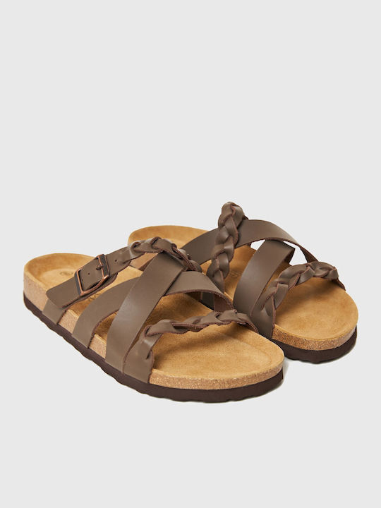 Leather Women's Flat Sandals Brown