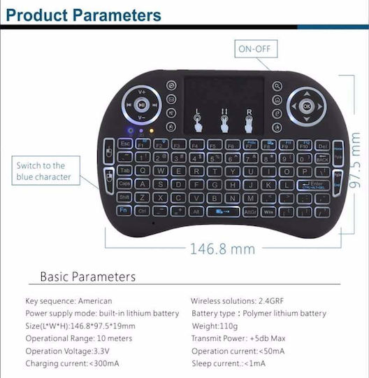 I8 Backlit Wireless Keyboard with Touchpad English US