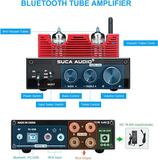 Amplificator Hi-Fi Stereo Integrat cu Tub 160W/4Ω X0019J8XEJ cu Tub Vid 6K4 cu Control Volum, Bass, Înalte, Suca Audio