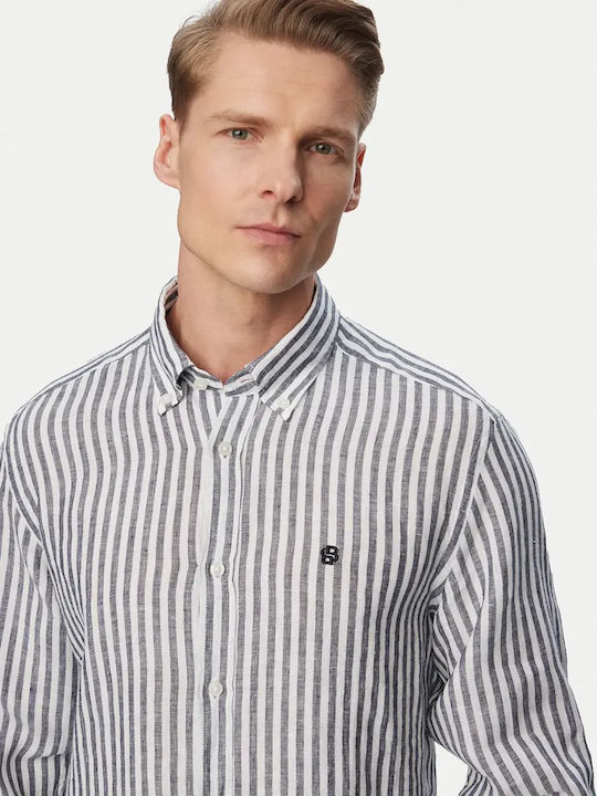 Long Sleeve Linen Shirt in Regular Fit Striped Gray