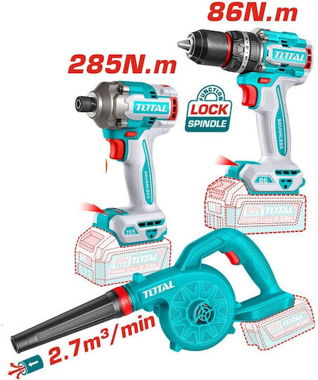 Total TOSLI250883E Battery Tool Set Impact Drill Driver Impact Screwdriver and Blower 20V with 2 Batteries 4Ah