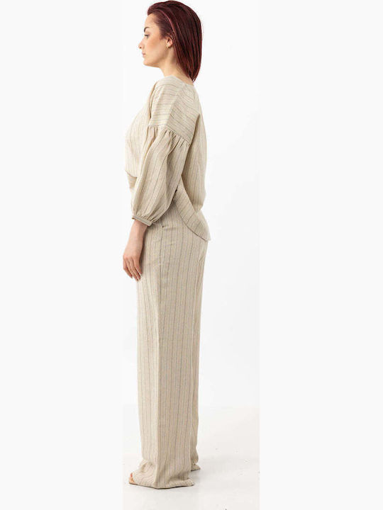 Women's Summer Linen Blouse with 3/4 Sleeve Beige