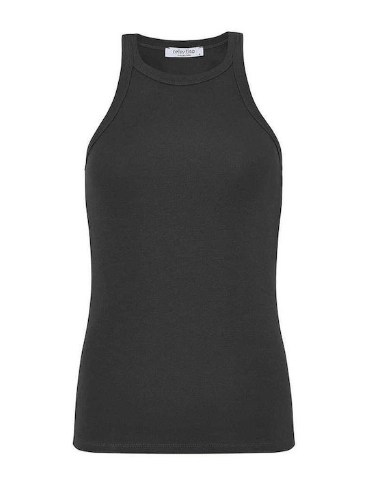 Celestino Γυναικεία Μπλούζα Ριπ Halter Λαιμόκοψη Slim Fit Μαύρο