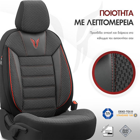 Otom Car Covers Toro Design Universal Cotton Fabric Set Front Rear 11 Pieces Black-Red Ot-901