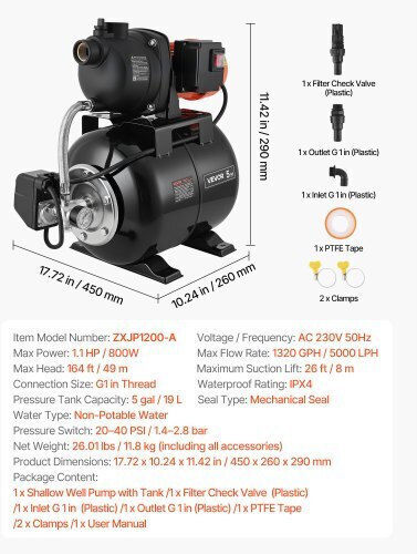 Vevor Electric Surface Pump with Automatic Suction 1.1hp Single-Phase