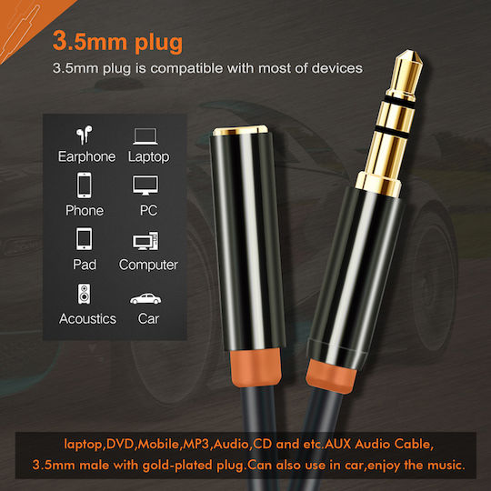 Cabletime 3,5mm Klinkenkabel 3,5mm Stecker - 3,5mm Buchse Schwarz 0,5m mit Vergoldeten Anschlüssen CT-AV311-P11FG