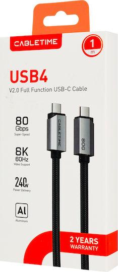 Cabletime Geflochtenes USB 2.0 Kabel USB-C männlich - USB-C 240W Schwarz 1m CT-USB4V2-AG1