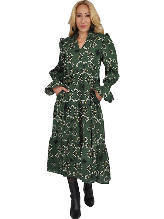 Midi Dress with Ruffles Green