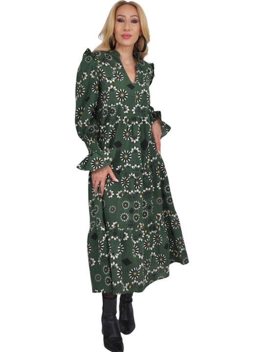 Midi Dress with Ruffles Green