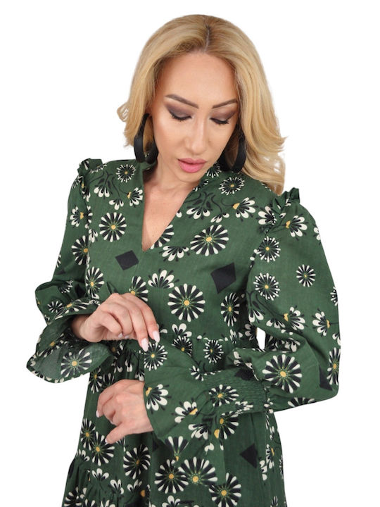 Midi Dress with Ruffles Green
