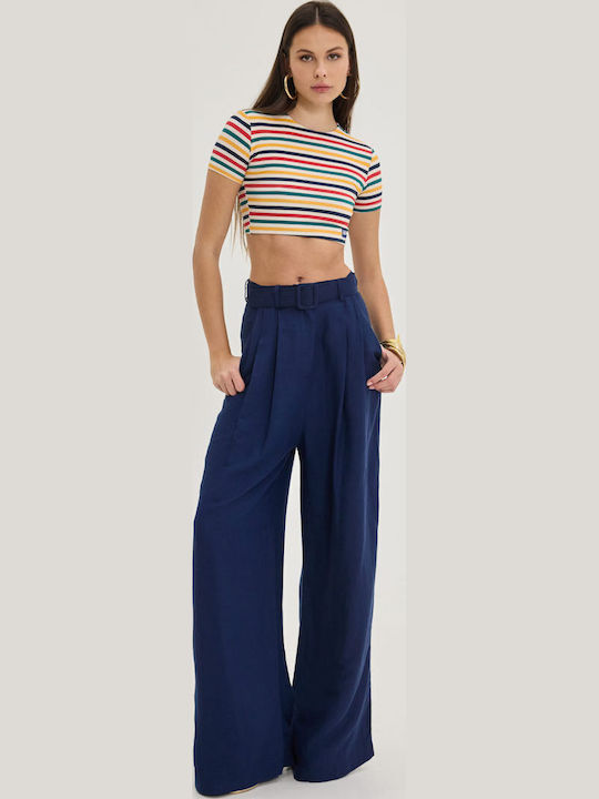 Women's High Rise Fabric Trousers Dark Blue