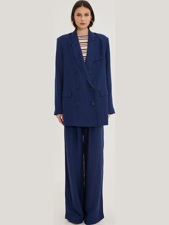 Women's High Rise Fabric Trousers Dark Blue