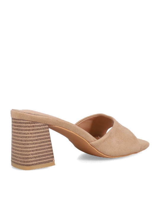 Suede Mules With Chunky Heel In Beige Colour