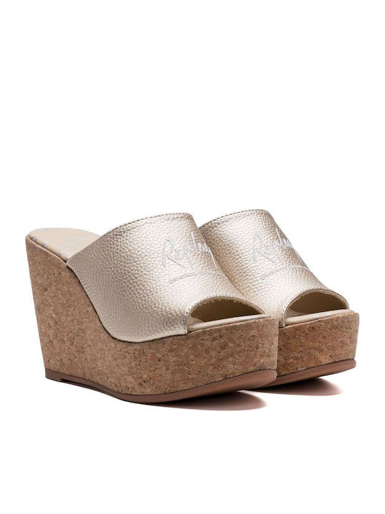 Leather Mules with High Heel in Gold Colour