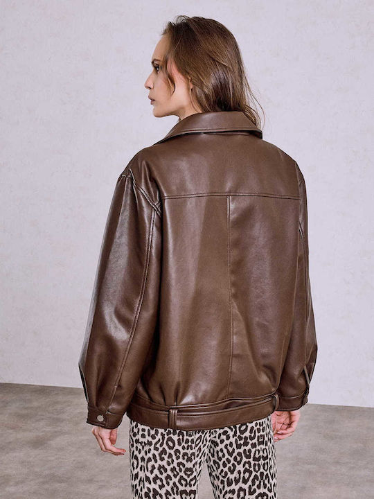 Damenjacke Biker Künstliches Leder Loose Fit Braun