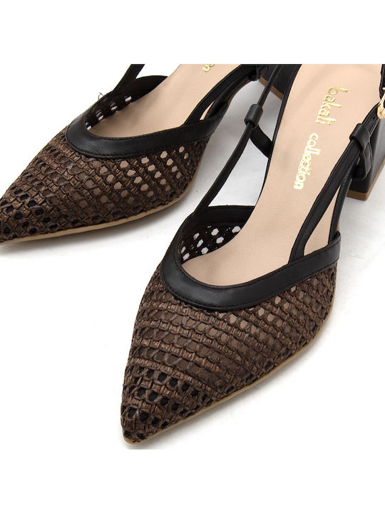 Leather Pointed Heels with Strap & Medium Heel Brown