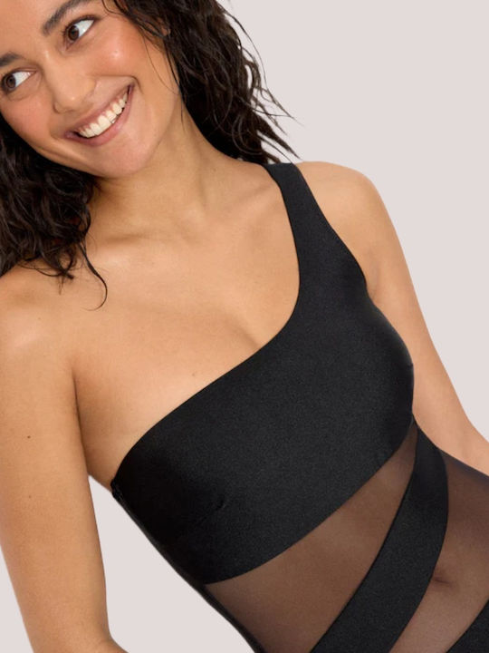 Ysabel Mora Women’s Swimsuit One Shoulder Black Shiny Beautiful Transparencies Black One Piece 83281