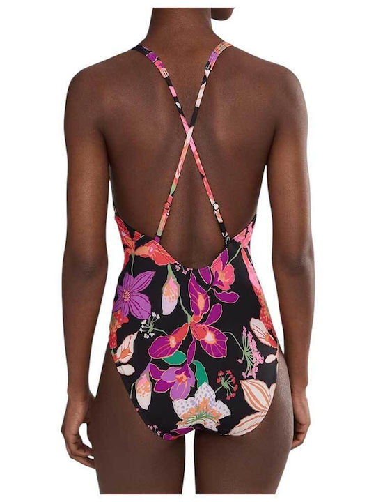 Floral Scoop Neck Αθλητικό Ολόσωμο Μαγιό Floral Μαύρο