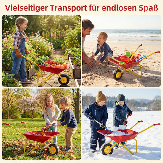 Costway Kids Garden Cart Plastic All Terrain Wheels Indoor Outdoor Red Yellow 3+ Years 36 x 45 x 78 cm Tp10485re